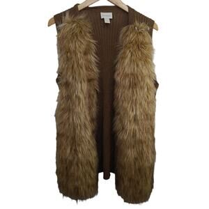 Chico's Womens Size 1 (Medium) Faux Fur Front & Knit Back Vest Natural / Brown‎